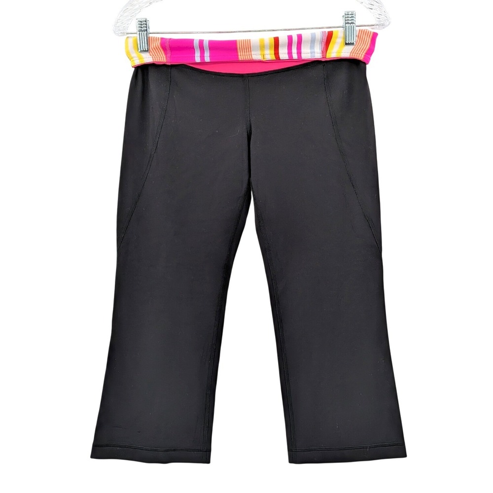 Lululemon Cropped Leggings Fold Over Waist Black Pink‎ Stripe 8 Yoga